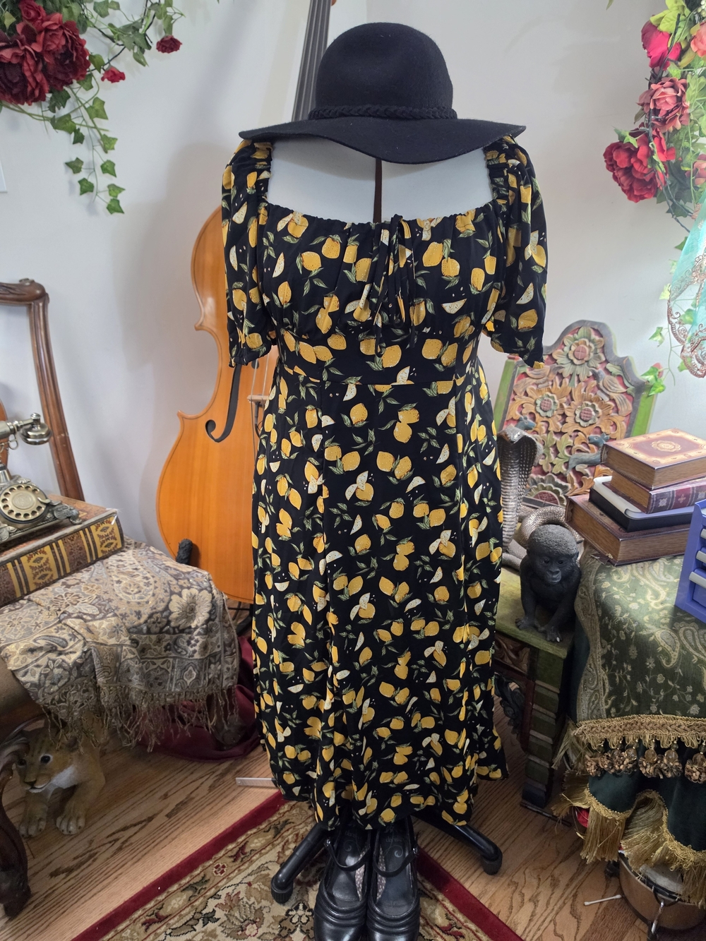 Cider Black Midi Dress with Yellow Lemon Print